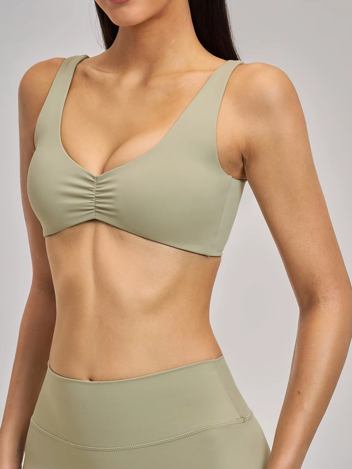 V-Neck Scrunch Front Open Back Sports Bra