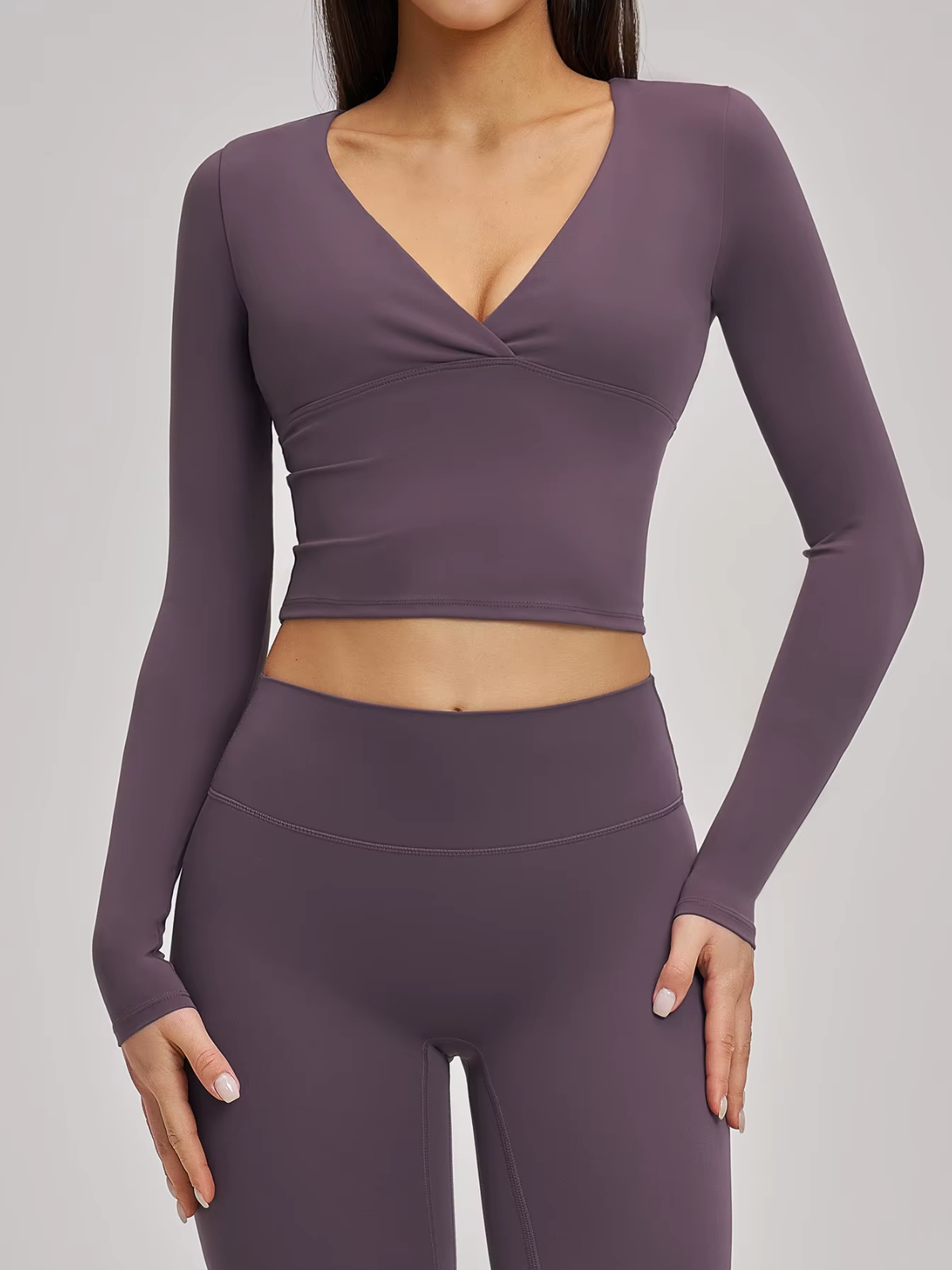 Twist Front Wrap V-Neck Long Sleeve Cropped Top