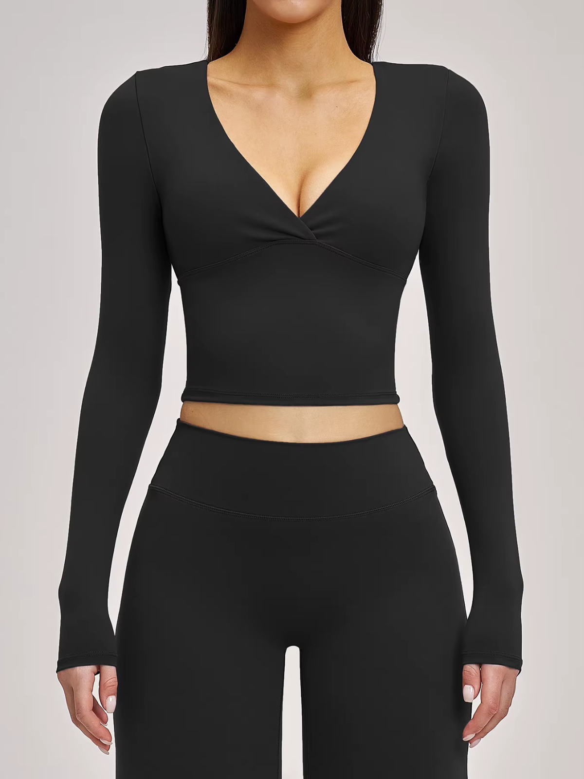 Twist Front Wrap V-Neck Long Sleeve Cropped Top