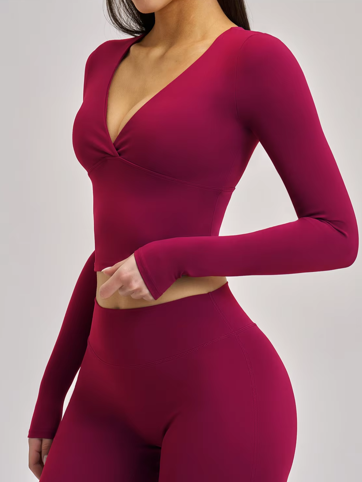 Twist Front Wrap V-Neck Long Sleeve Cropped Top