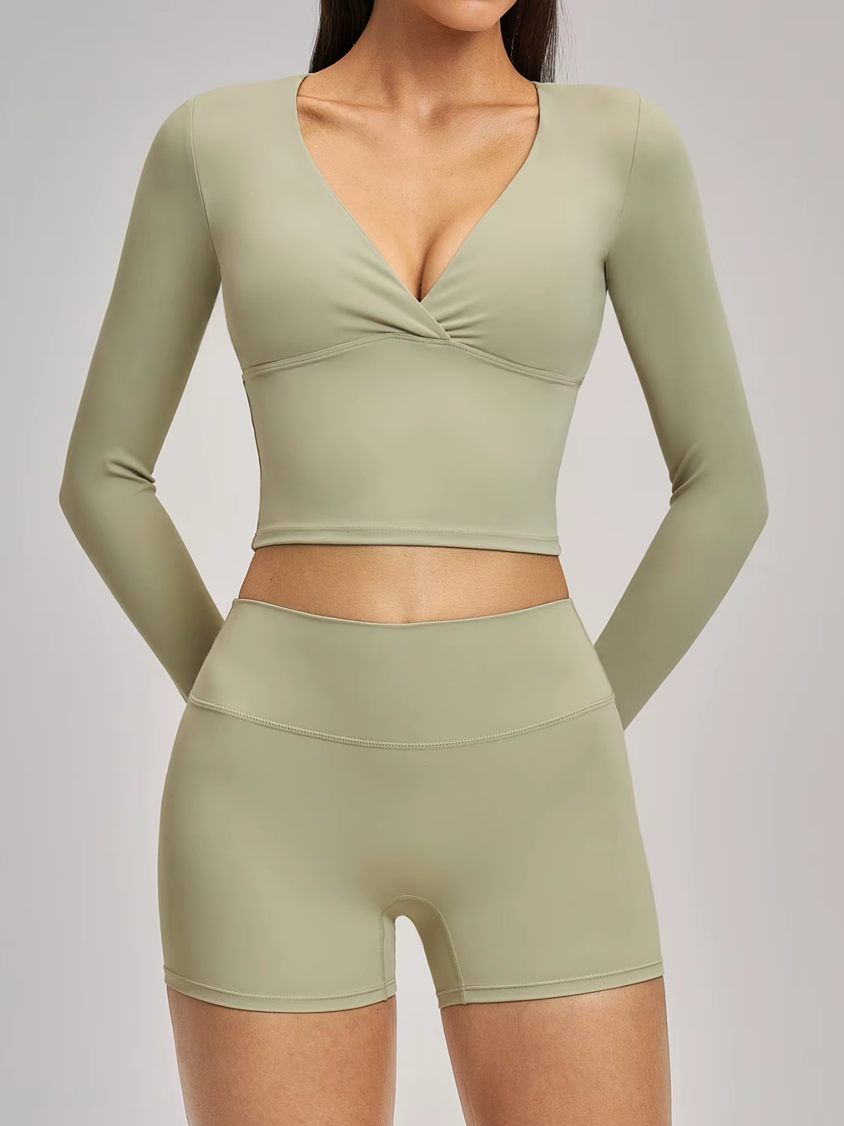 Twist Front Wrap V-Neck Long Sleeve Cropped Top